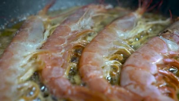 Detail Shot Raw Prawns Frying Pan — Stok video