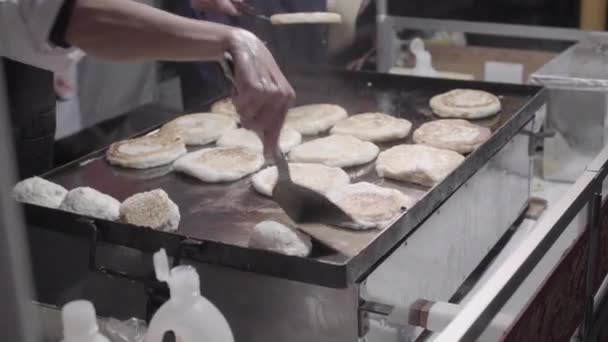 Cook Uniform Preparing Japanese Pancakes Hot Steal Plate Close — Video