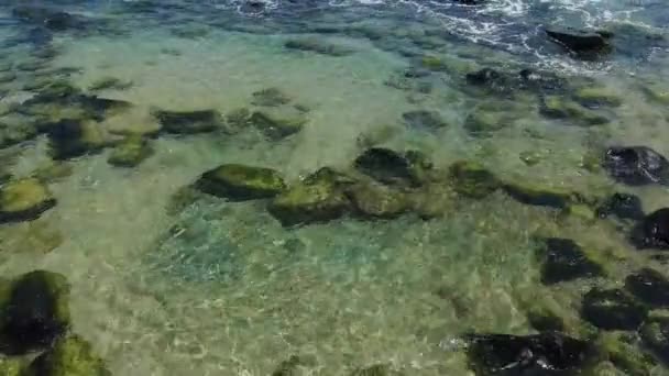 Flying Low Clear Rock Pools Waves Crashing Bright Summers Day — Video