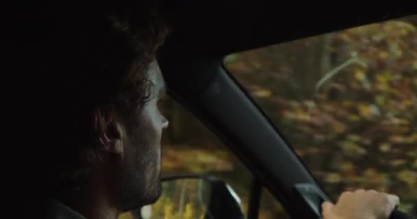 Close Shot Man Driving Autumn Forest Reflecting Side Mirror — Stock videók