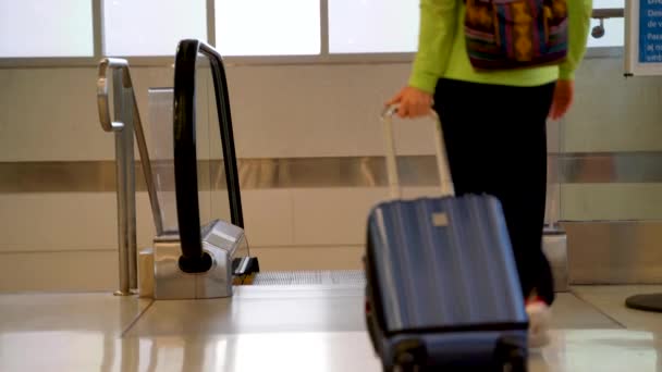 Woman Rolls Carry Luggage Frame Gets Escalator Goes — Video