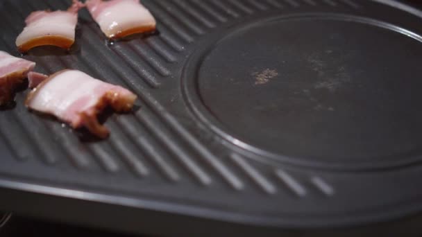 Delicious Bacon Being Prepared Grill Tasty Juicy Meat Pan Shot — Video