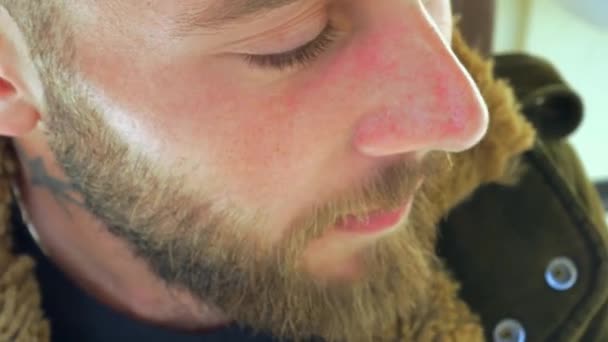 Close Young Bearded Man Tattoos Smoking Cigarette Breathing Out Smoke — Vídeo de Stock