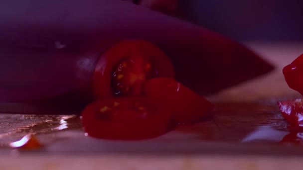 Close Video Hands Man Cutting Cherry Tomato Slices Wooden Chopping — Wideo stockowe