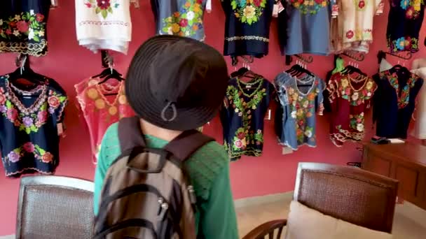 Woman Tourist Looks Fashionable Designer Huipil Blouses Merida Mexico — Αρχείο Βίντεο