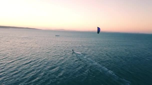 Full Speed Kite Surfer Chased Drone Sunset Open Ocean Cape — Stockvideo
