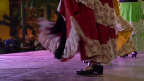 Closeup Line Women Mexican Folk Dancers Shoes Dress Moving — Video Stock