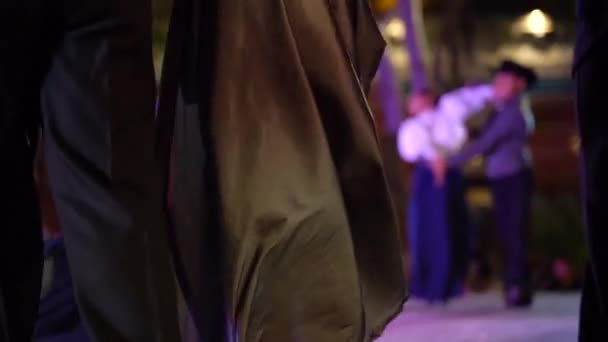 Slow Motion Closeup Satin Dress Twirling Couple Mexican Folk Dance — Stok Video