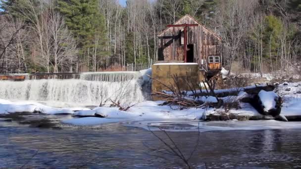 Rushing Water Pours Dam Next Dilapidated Building Stationary Wide Angle — Stock Video