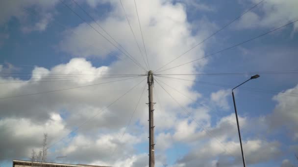 Electric Telephone Wires Lamppost Clouds Sky Background — Stok video