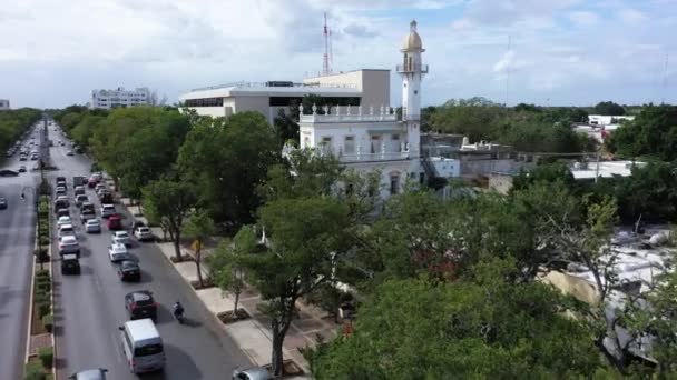 Aerial Push Minaret Mansion Paseo Montejo Merida Yucatan Mexico — ストック動画