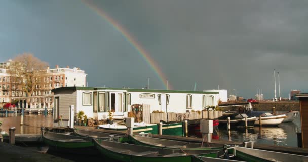 Bright Double Rainbow Appears Typical Amsterdam Based Boat Home Long – stockvideo