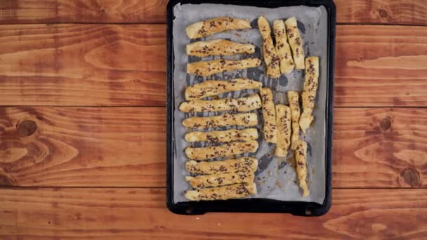 Baked Dough Sticks Fresh Oven Crispy Tasty — Vídeo de stock