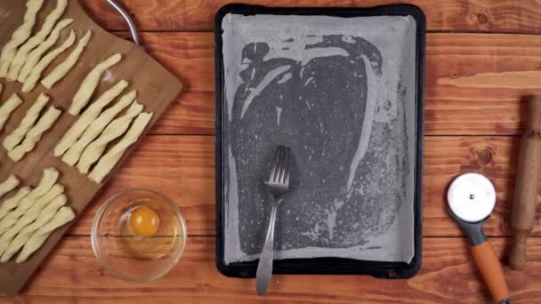 Mixing Eggs Bowl Pass Baked Dough Sticks — Video