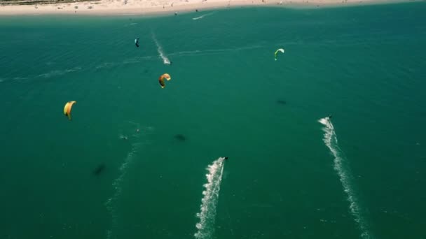 High Altitude Top Drone Shot Kite Surfers Turquoise Atlantic Ocean — 图库视频影像