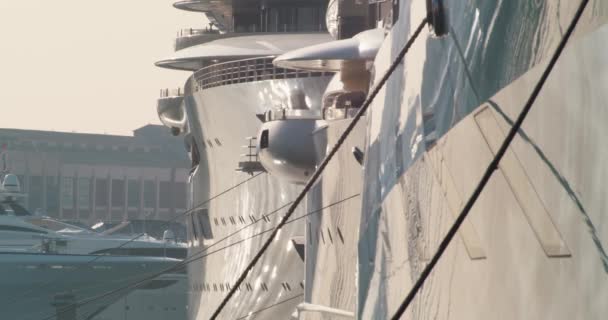 Super Expensive Yacht Floating Harbour Barcelona Zoomed Shot — Stock videók