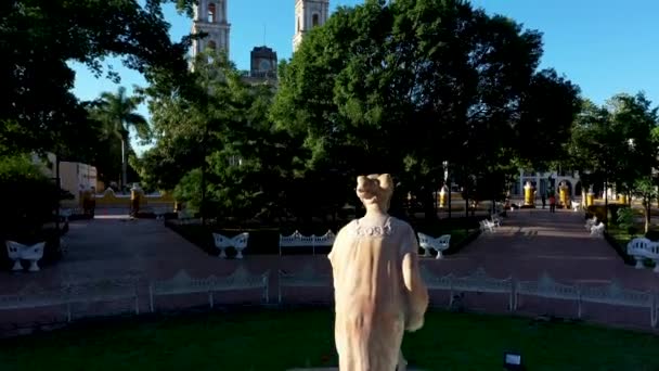 Early Morning Aerial Ascending Park Fountain Trees Catedral San Gervasio — Stok video