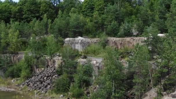 Aerial View Rocky Quarry Surrounded Trees Tracking Left — Stockvideo