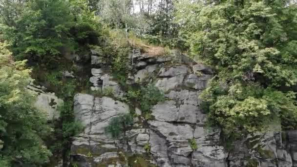 Aerial View Rocky Cliffside Mountain Surrounded Green Trees — Stockvideo