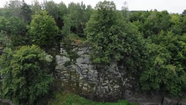 Aerial View Steep Cliff Rivers Edge Thick Surrounded Thick Forestry — Stok video