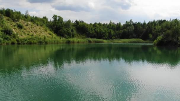 Low View Calm Summer Lake Grass Foreground Surrounded Forest Slowly — Vídeo de Stock