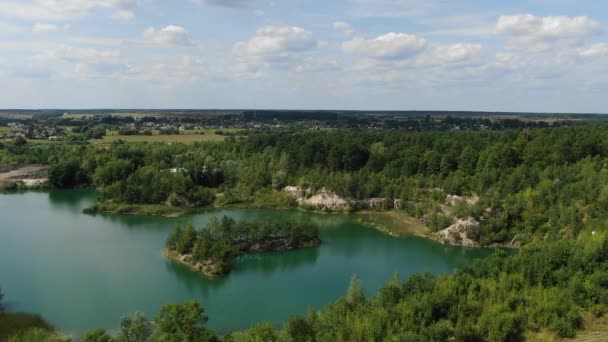 Aerial View Lake Beautiful Water Quarry Surrounded Forest Small Town — Stockvideo