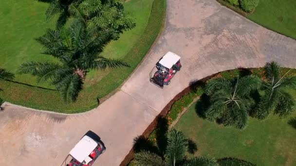 Aerial Top Shot Two Golf Carts Path Green Golf Course — Stock video