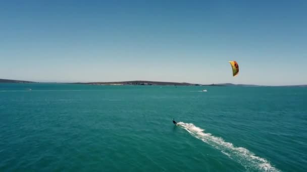 Ultra Wide Drone Shot Chasing Kite Surfer Full Speed Beautiful — Stockvideo