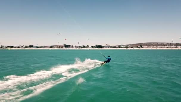 Beautiful Pickup Drone Shot Kite Surfer Full Sails Langebaan Beach — Stockvideo