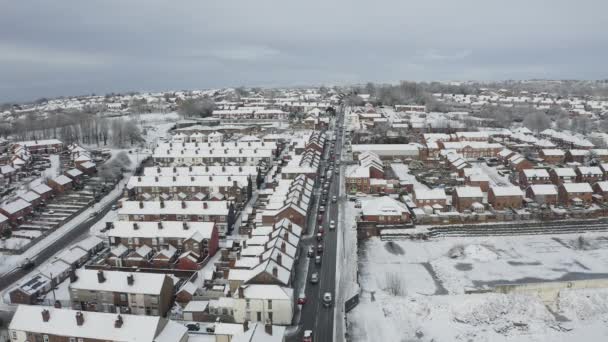 Vista Aérea Tráfego Pesado Estrada Anchor Longton Uma Nevasca Neve — Vídeo de Stock