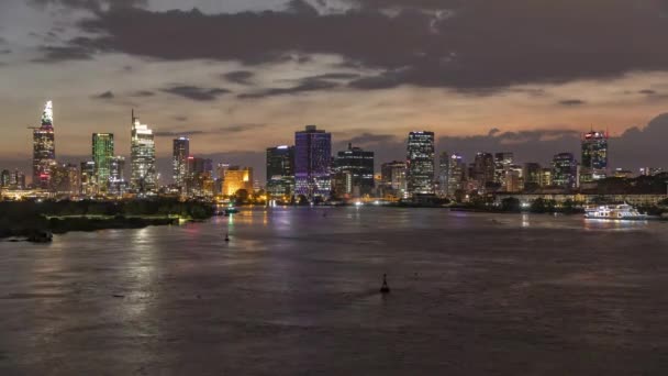 Saigon River Night Time Lapse Chi Minh City Skyline Illuminated — Stok video