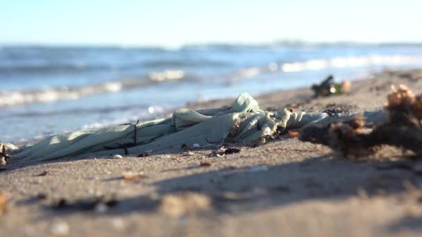 Пластиковый Пакет Другие Обломки Загрязняющие Пляжный Песок Социальная Проблема — стоковое видео