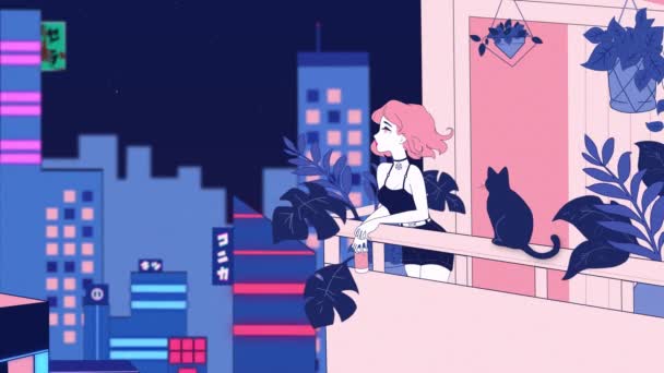 Animation Girl Pink Hair Drinks Coffee Her Terrace While Watching — Video