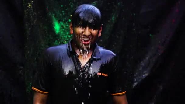 Young Adult Man Celebrating Holi Colors Water Holi Festival India — Video