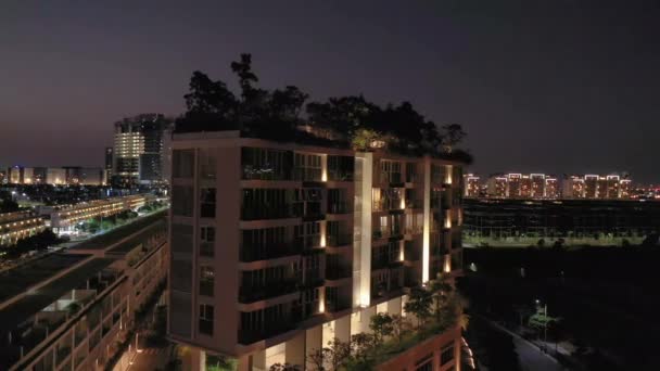 Aerial Tracking Shot Revealing City Skyline Night New Luxury Residential — ストック動画