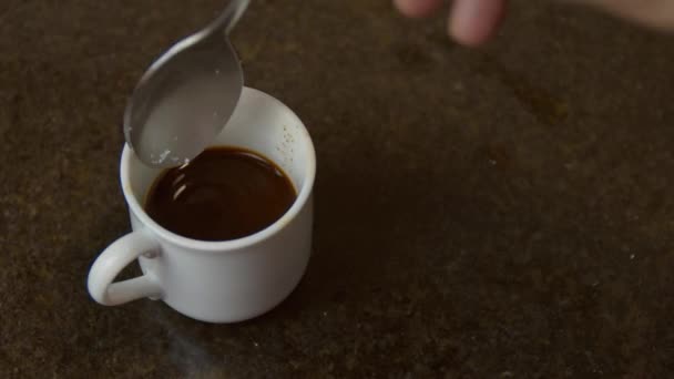 Coffee White Mug Being Stirred Metal Spoon Close — Vídeo de Stock