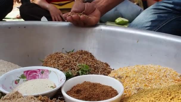 Multiple Ingredients Metal Pan Nutritious Chicken Feed Backwards Shot — 비디오