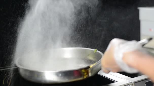 Chef Cooking Steaming Hot Vegetables Induction Hob Restaurant Kitchen Closeup — Video