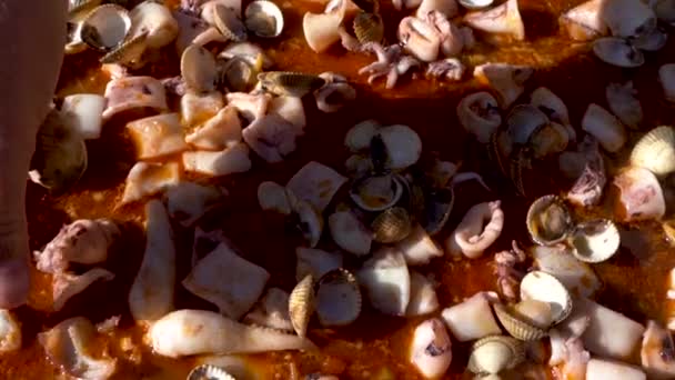 Putting Seafood Paella Tasty Delicious Dish Spanish Cuisine Slow Motion — Vídeos de Stock
