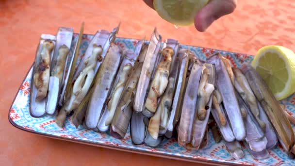 Person Squeezing Lemon Top Razor Fish Delicious Tasty — 비디오