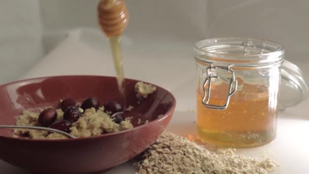 Drizzling Golden Runny Honey Porridge Cranberry Breakfast — Videoclip de stoc