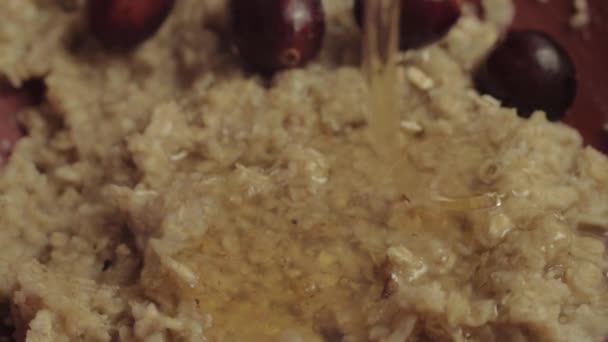 Runny Golden Honey Puring Porridge Cranberries Macro — Stockvideo