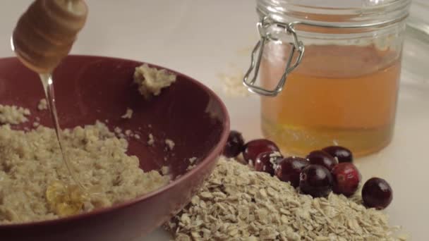 Drizzling Runny Golden Honey Porridge Cranberries Medium Shot — Wideo stockowe