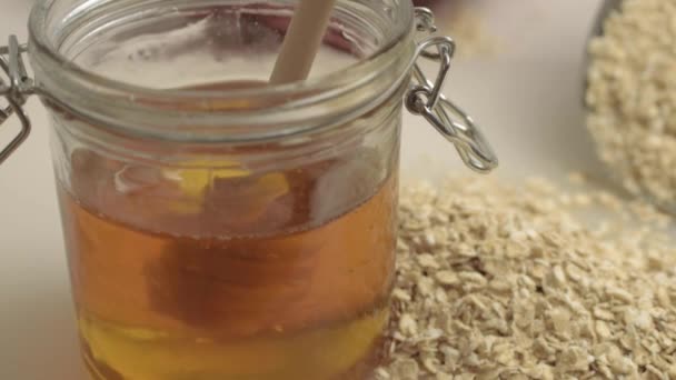 Stirring Pot Golden Runny Honey Scoop Oats Close — Video