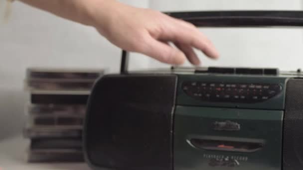 Hand Ejecting Retro Cassette Tapes Radio Cassette Player Wide Shot — ストック動画