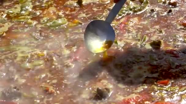 Metal Kitchen Spoon Scoops Tosses Juices Boiling Hot Spanish Paella — стоковое видео