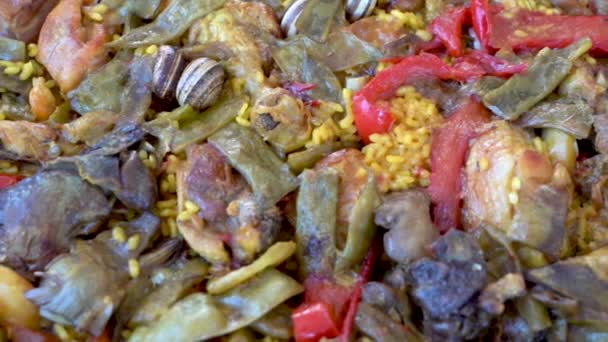 Close Shot Finished Spanish Paella Dish Filled Seafood Other Meats — Stockvideo