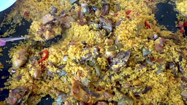 Top View Traditional Spanish Paella Dish Being Scooped Served Close — Stockvideo