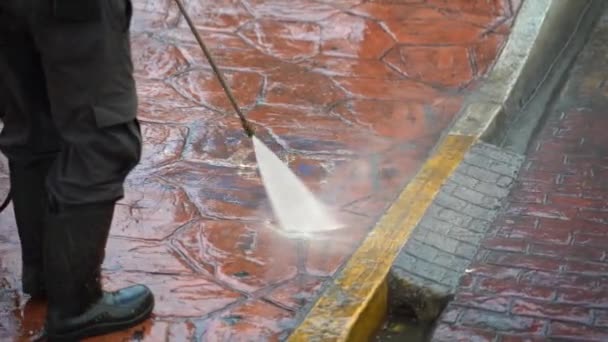 Slow Motion Person Power Washing Paved Sidewalk Park — Video Stock