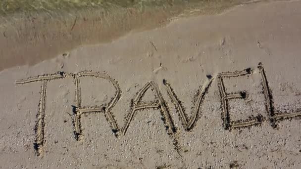 Static Shot Travel Written Sand Angle — Vídeos de Stock